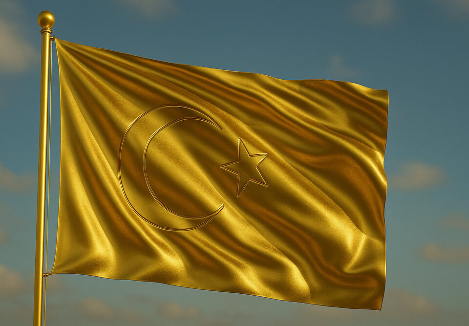 Bandiera della Turchia interamente dorata in 3D, che sventola al vento, simbolo della fiducia crescente nell’oro fisico come investimento
