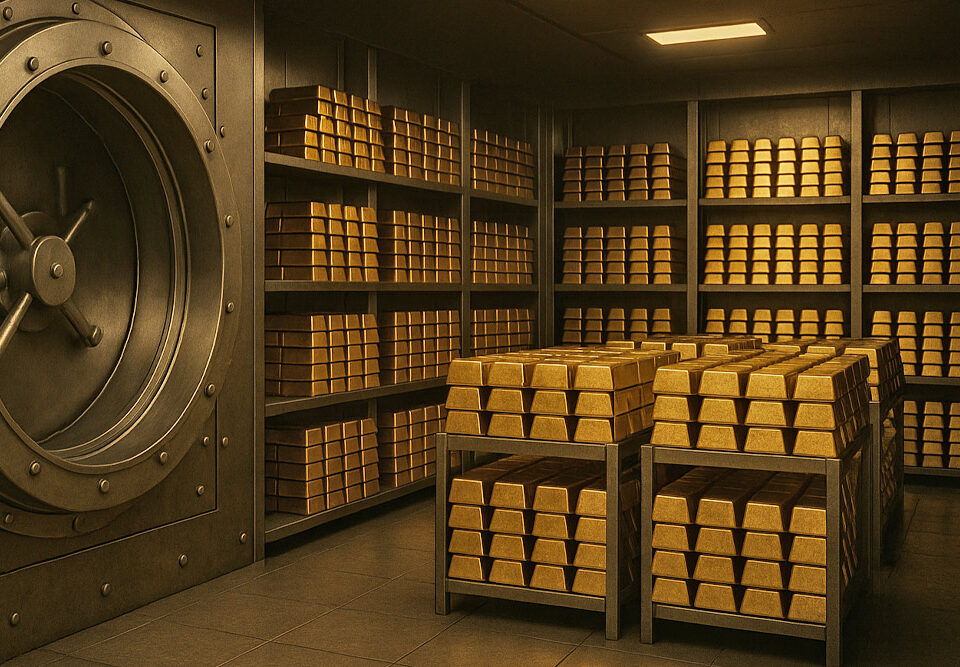 Interno di un caveau bancario 3D con scaffali pieni di lingotti d’oro fisico, simbolo di sicurezza e investimento a lungo termine