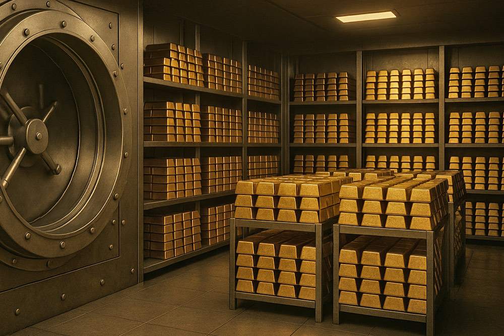 Interno di un caveau bancario 3D con scaffali pieni di lingotti d’oro fisico, simbolo di sicurezza e investimento a lungo termine