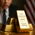 Lingotti d’oro 999,9 con monete sul tavolo, sfondo con bandiera americana e uomo in abito scuro che indica con il dito, simbolo di incertezza politica e corsa all’oro fisico.