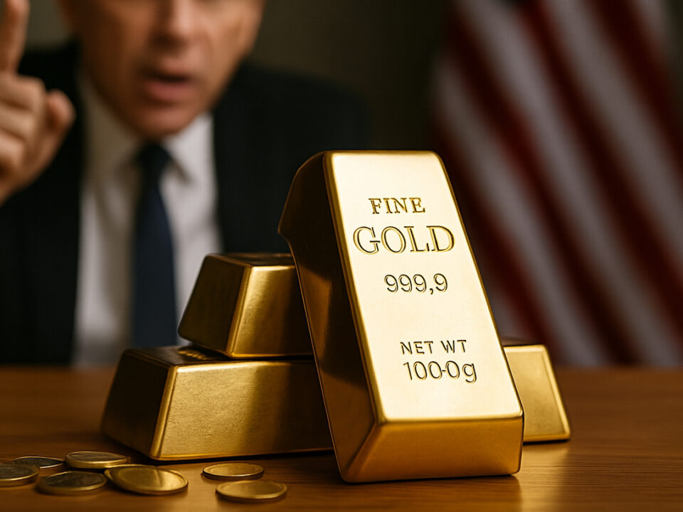 Lingotti d’oro 999,9 con monete sul tavolo, sfondo con bandiera americana e uomo in abito scuro che indica con il dito, simbolo di incertezza politica e corsa all’oro fisico.