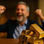 Lingotti d’oro puro 999,9 in primo piano su tavolo di legno, con un uomo di mezza età che festeggia sullo sfondo.
